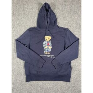 Polo Ralph Lauren Bear Fleece Hoodie Mens Medium‎ Navy Blue Pullover Graphic